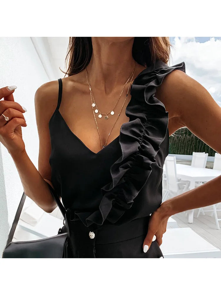 Bluse sexy V-Ausschnitt Rüschen Blusen rücken freie Spaghetti träger